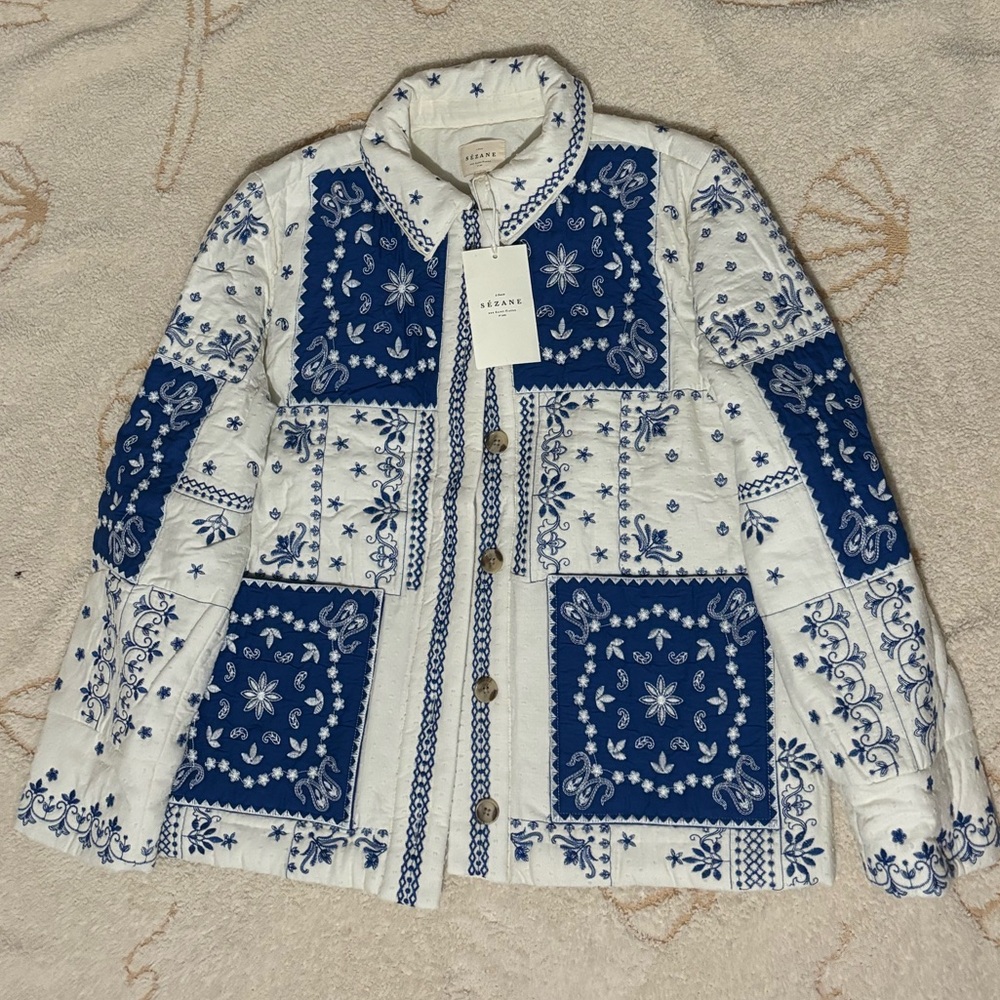 Sezane SMITH JACKET in BLUE ECRU BANDANA Embroidered Women's Jacket - Picture 3 of 13